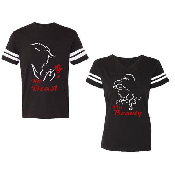 Her Beauty His Beast Unisex Couple Matching Cotton Jersey style T-Shirt Contrasting stripes on sleeves (Men Black / Women Black) (Men S / Women L)
