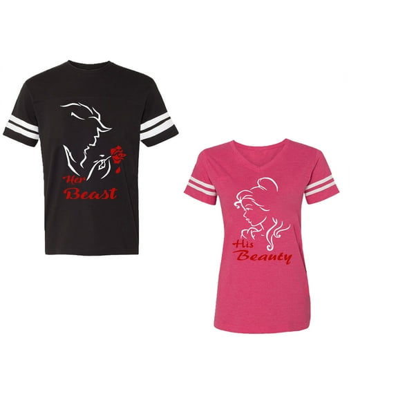 Her Beauty His Beast Unisex Couple Matching Cotton Jersey style T-Shirt Contrasting stripes on sleeves (Men Black / Women Pink) (Men L / Women L)