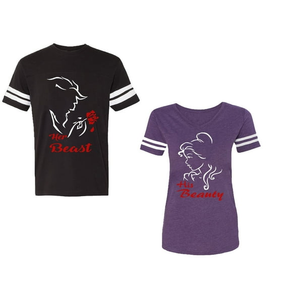 Her Beauty His Beast Unisex Couple Matching Cotton Jersey style T-Shirt Contrasting stripes on sleeves (Men Black / Women Purple) (Men S / Women XXL)