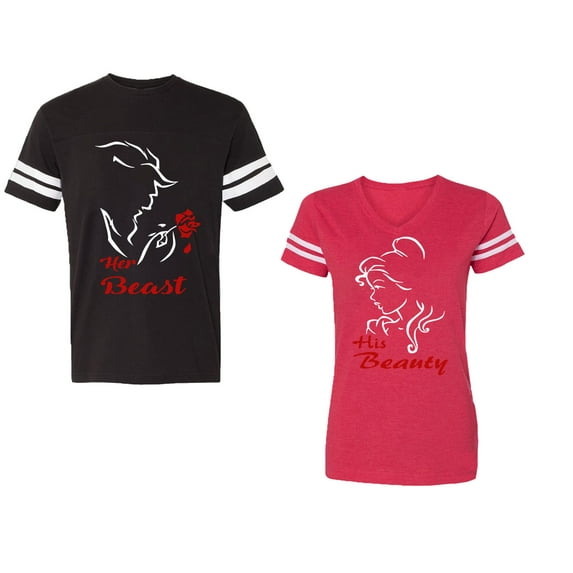Her Beauty His Beast Unisex Couple Matching Cotton Jersey style T-Shirt Contrasting stripes on sleeves (Men Black / Women Red) (Men S / Women S)