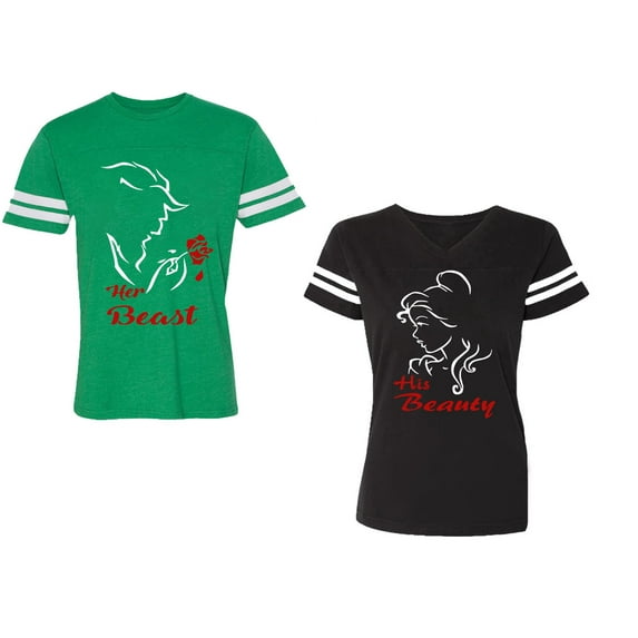 Her Beauty His Beast Unisex Couple Matching Cotton Jersey style T-Shirt Contrasting stripes on sleeves (Men Green / Women Black) (Men L / Women XL)