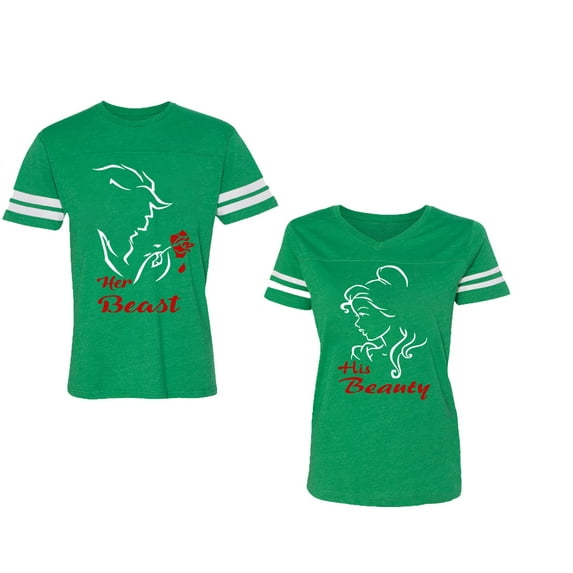 Her Beauty His Beast Unisex Couple Matching Cotton Jersey style T-Shirt Contrasting stripes on sleeves (Men Green / Women Green) (Men XXL / Women S)