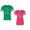 thumbnail image 1 of Her Beauty His Beast Unisex Couple Matching Cotton Jersey style T-Shirt Contrasting stripes on sleeves (Men Green / Women Pink) (Men S / Women XXL), 1 of 3