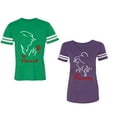 thumbnail image 1 of Her Beauty His Beast Unisex Couple Matching Cotton Jersey style T-Shirt Contrasting stripes on sleeves (Men Green / Women Purple) (Men XXL / Women L), 1 of 3