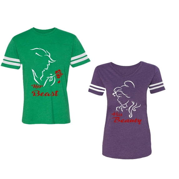 Her Beauty His Beast Unisex Couple Matching Cotton Jersey style T-Shirt Contrasting stripes on sleeves (Men Green / Women Purple) (Men XXL / Women L)
