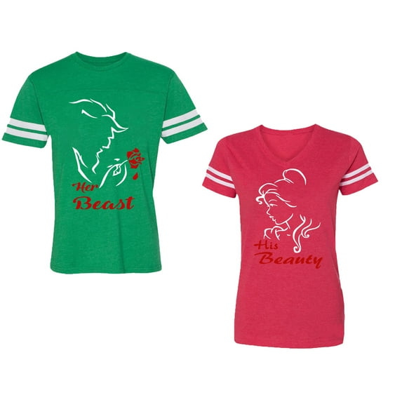 Her Beauty His Beast Unisex Couple Matching Cotton Jersey style T-Shirt Contrasting stripes on sleeves (Men Green / Women Red) (Men L / Women L)