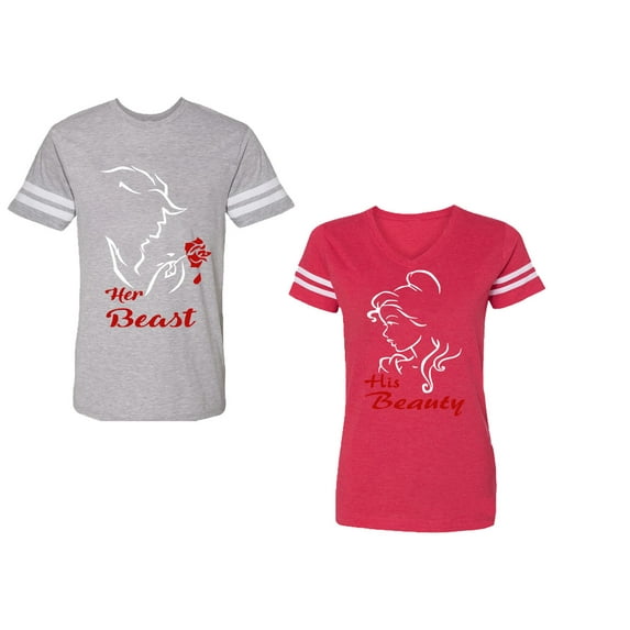 Her Beauty His Beast Unisex Couple Matching Cotton Jersey style T-Shirt Contrasting stripes on sleeves (Men Heather / Women Red) (Men XXL / Women XL)