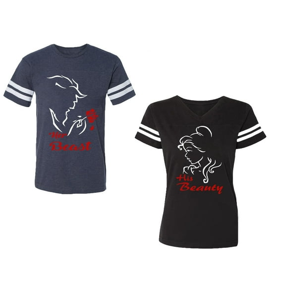 Her Beauty His Beast Unisex Couple Matching Cotton Jersey style T-Shirt Contrasting stripes on sleeves (Men Navy / Women Black) (Men M / Women XL)