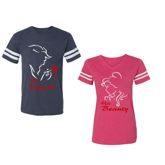 Her Beauty His Beast Unisex Couple Matching Cotton Jersey style T-Shirt Contrasting stripes on sleeves (Men Navy / Women Pink) (Men L / Women L)