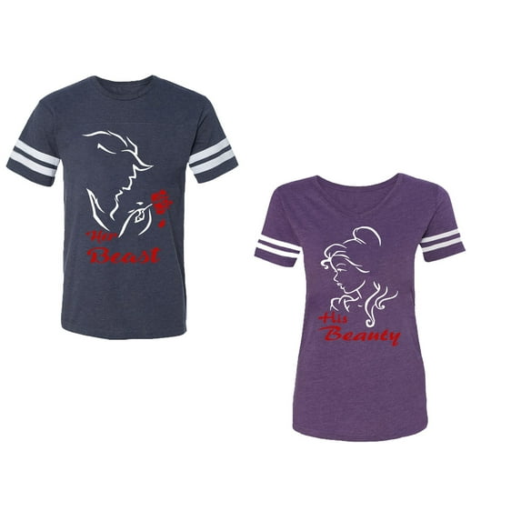Her Beauty His Beast Unisex Couple Matching Cotton Jersey style T-Shirt Contrasting stripes on sleeves (Men Navy / Women Purple) (Men L / Women M)