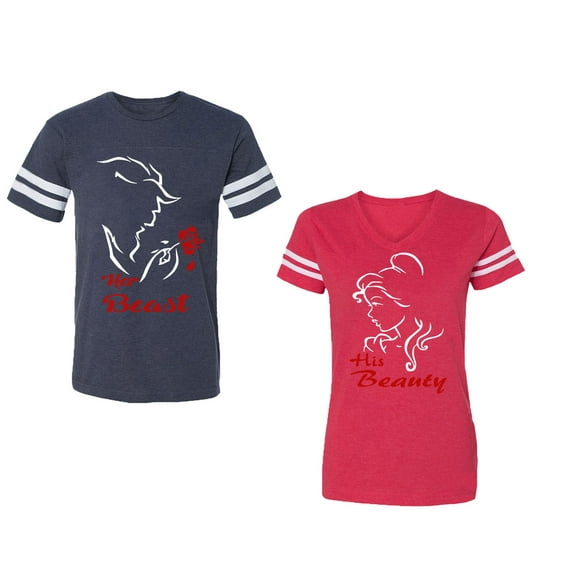 Her Beauty His Beast Unisex Couple Matching Cotton Jersey style T-Shirt Contrasting stripes on sleeves (Men Navy / Women Red) (Men XL / Women L)