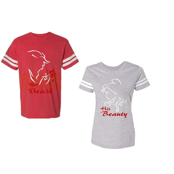 Her Beauty His Beast Unisex Couple Matching Cotton Jersey style T-Shirt Contrasting stripes on sleeves (Men Red / Women Heather) (Men S / Women M)