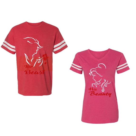 Her Beauty His Beast Unisex Couple Matching Cotton Jersey style T-Shirt Contrasting stripes on sleeves (Men Red / Women Pink) (Men S / Women S)