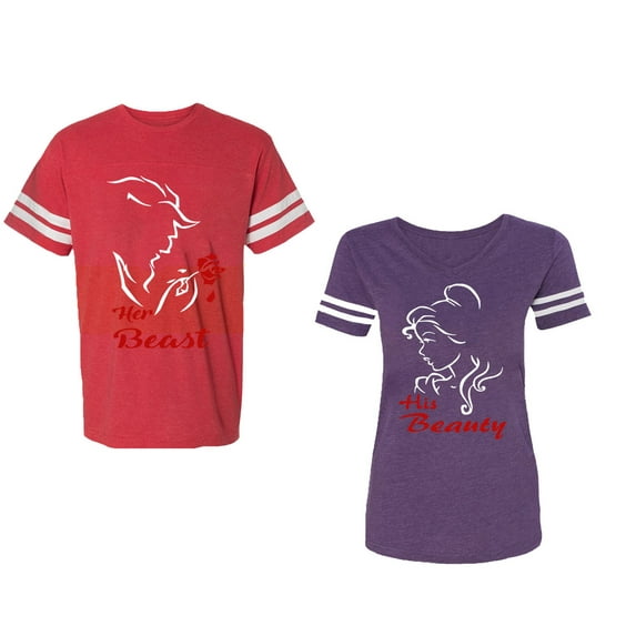 Her Beauty His Beast Unisex Couple Matching Cotton Jersey style T-Shirt Contrasting stripes on sleeves (Men Red / Women Purple) (Men XL / Women XXL)