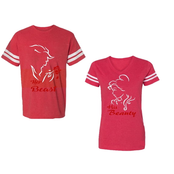 Her Beauty His Beast Unisex Couple Matching Cotton Jersey style T-Shirt Contrasting stripes on sleeves (Men Red / Women Red) (Men M / Women XXL)