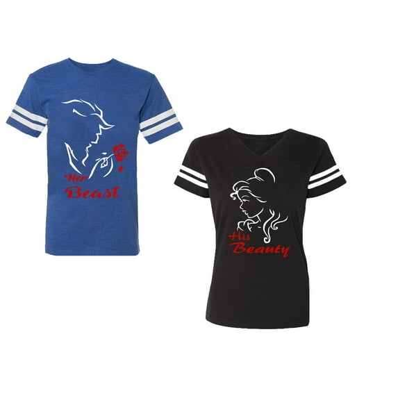 Her Beauty His Beast Unisex Couple Matching Cotton Jersey style T-Shirt Contrasting stripes on sleeves (Men Royal / Women Black) (Men S / Women XXL)