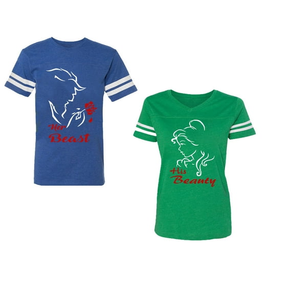 Her Beauty His Beast Unisex Couple Matching Cotton Jersey style T-Shirt Contrasting stripes on sleeves (Men Royal / Women Green) (Men S / Women S)