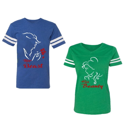 Her Beauty His Beast Unisex Couple Matching Cotton Jersey style T-Shirt Contrasting stripes on sleeves (Men Royal / Women Green) (Men S / Women XL)