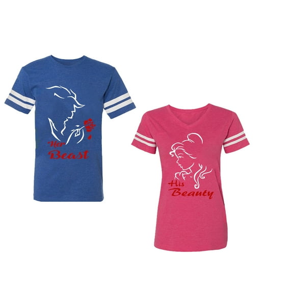 Her Beauty His Beast Unisex Couple Matching Cotton Jersey style T-Shirt Contrasting stripes on sleeves (Men Royal / Women Pink) (Men S / Women XXL)