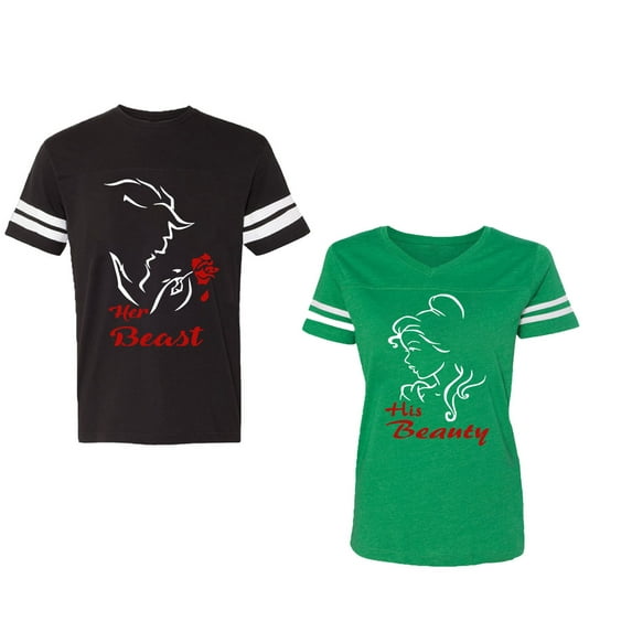 Her Beauty His Beast Unisex Couple Matching Cotton Jersey style T-Shirt Contrasting stripes on sleeves (Men Black / Women Green) (Men XXL / Women XXL)