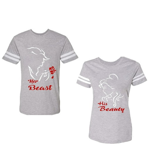 Her Beauty His Beast Unisex Couple Matching Cotton Jersey style T-Shirt Contrasting stripes on sleeves (Men Heather / Women Heather) (Men L / Women L)