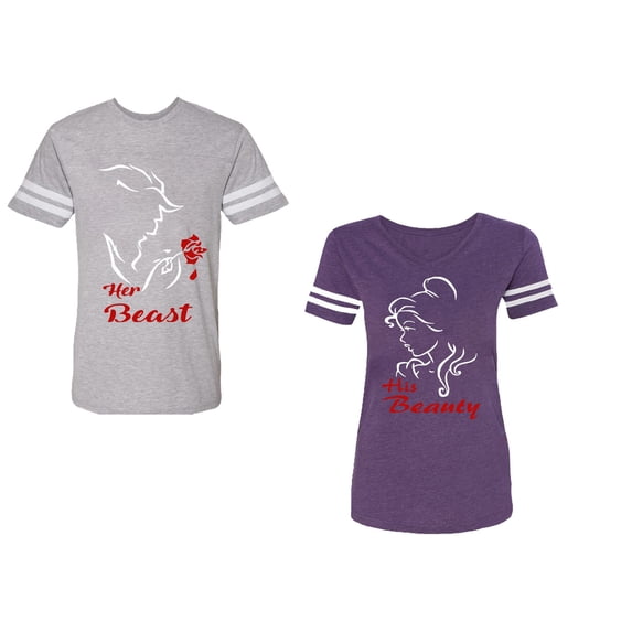 Her Beauty His Beast Unisex Couple Matching Cotton Jersey style T-Shirt Contrasting stripes on sleeves (Men Heather / Women Purple) (Men XL / Women L)