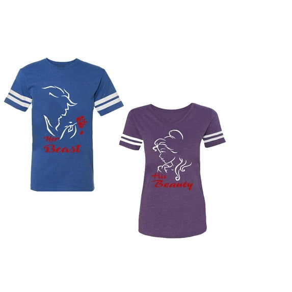 Her Beauty His Beast Unisex Couple Matching Cotton Jersey style T-Shirt Contrasting stripes on sleeves (Men Royal / Women Purple) (Men XXL / Women XL)