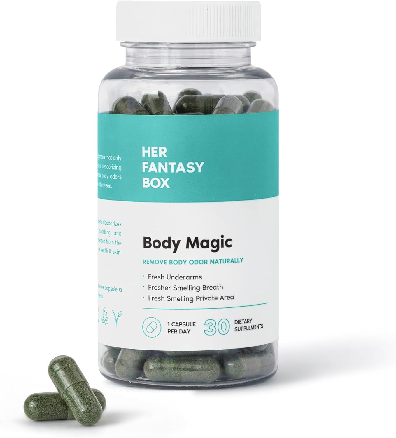Her Fantasy Box | Body Magic Chlorophyll Capsules - 30 Vegan Capsules - for Detox, Digestion, Gut Health, Skin, Oily Skin & More
