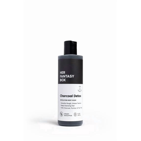 Her Fantasy Box | Charcoal Detox Exfoliating Body Wash – Activated Charcoal Cleanser with Fine Pumice, Tea Tree & Eucalyptus, pH Balanced, Vegan & Cruelty Free, 8 oz