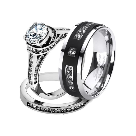 Her His 3pc Stainless Steel Wedding Engagement Ring & Titanium Wedding Band Set Women's Size 05 Men's Size 08
