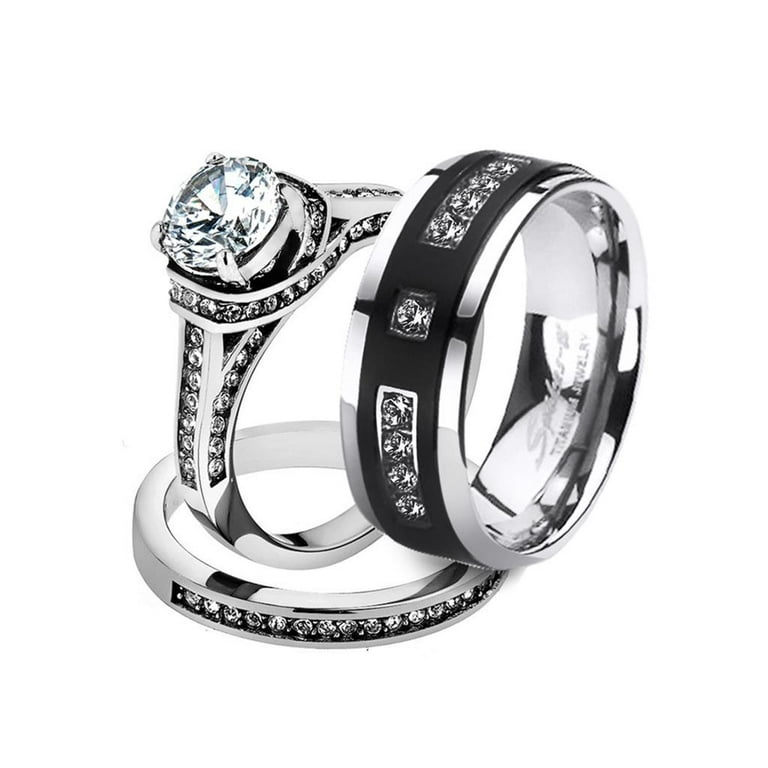 Her His 3pc Stainless Steel Wedding Engagement Ring Titanium