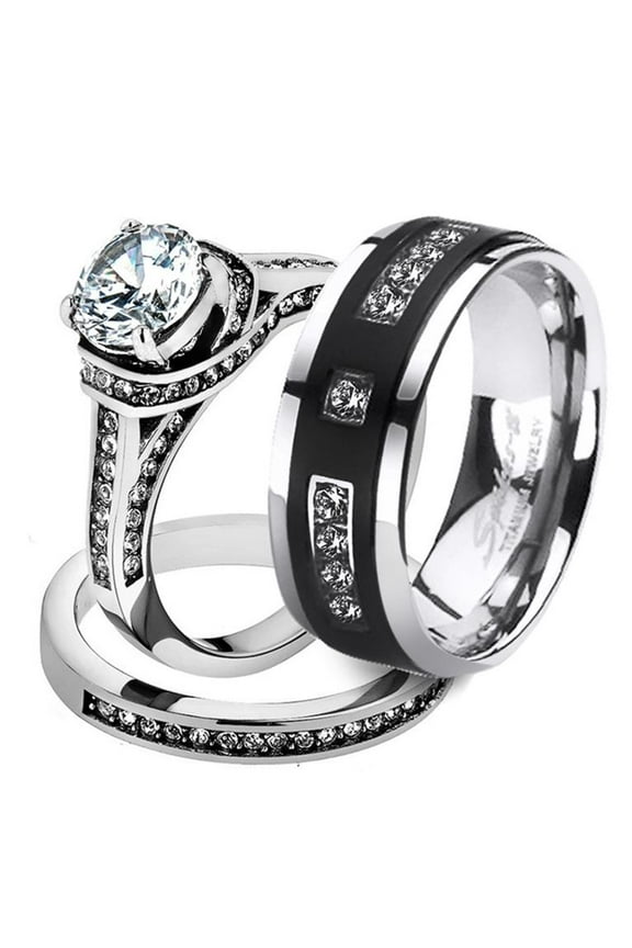Her His 3pc Stainless Steel Wedding Engagement Ring & Titanium Wedding Band Set Women's Size 06 Men's Size 09