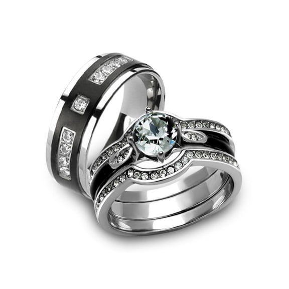 Her & His 4pc Silver & Black Stainless Steel & Titanium Wedding Ring Band Set Size Women's 06 Men's 08