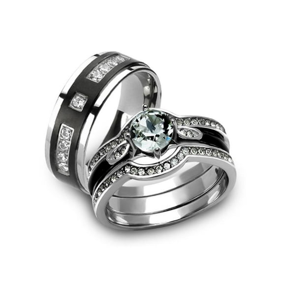 Her & His 4pc Silver & Black Stainless Steel & Titanium Wedding Ring Band Set Size Women's 10 Men's 08