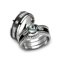 Her & His 4pc Silver & Black Stainless Steel & Titanium Wedding Ring Band Set Size Women's 10 Men's 10