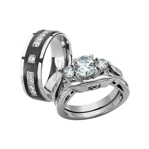 Her & His Stainless Steel Wedding & Engagement Ring & Titanium Wedding Band Set Women's Size 08 Men's Size 07
