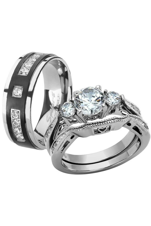 Her & His Stainless Steel Wedding & Engagement Ring & Titanium Wedding Band Set Women's Size 10 Men's Size 11