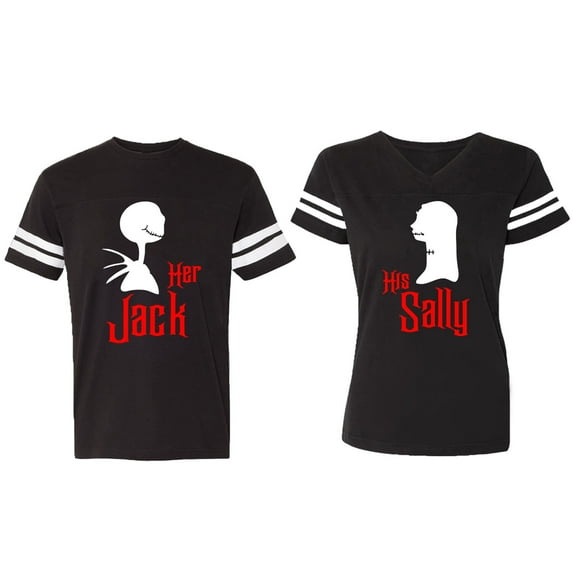 Her Jack His Sally Matching Couple Cotton Jerseys (Men Black / Women Black) (Men M / Women XL)