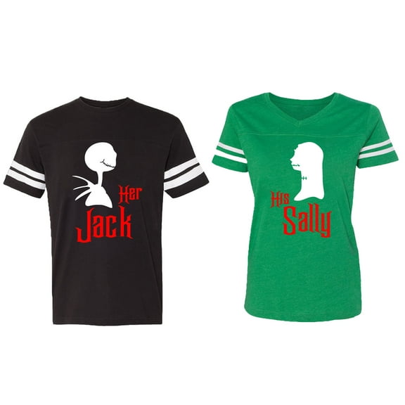 Her Jack His Sally Matching Couple Cotton Jerseys (Men Black / Women Green) (Men XL / Women XXL)