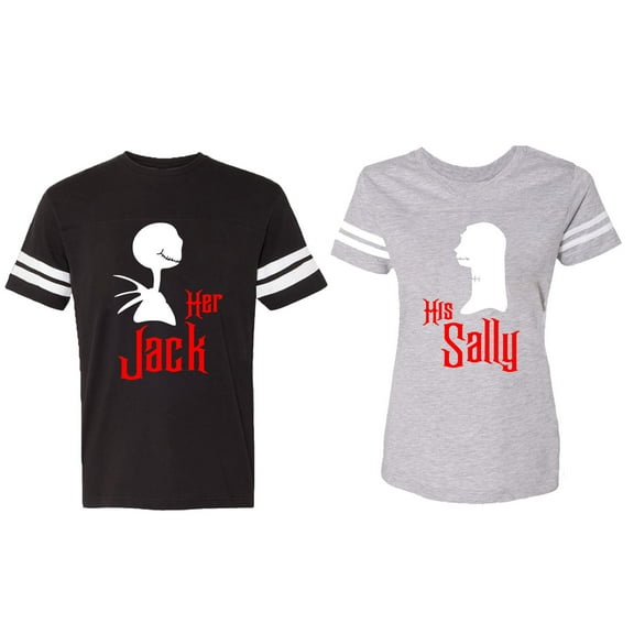 Her Jack His Sally Matching Couple Cotton Jerseys (Men Black / Women Heather) (Men XXL / Women XXL)