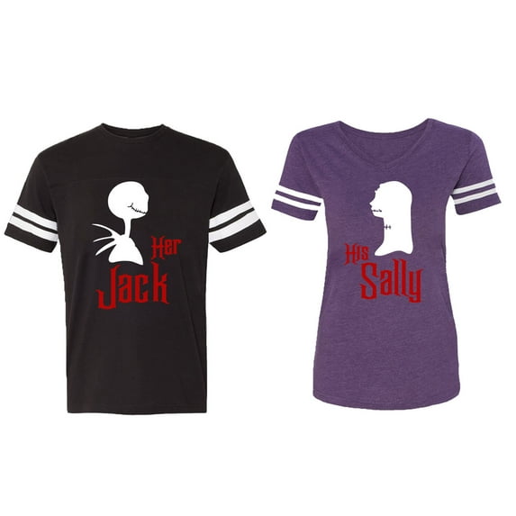 Her Jack His Sally Matching Couple Cotton Jerseys (Men Black / Women Purple) (Men L / Women M)