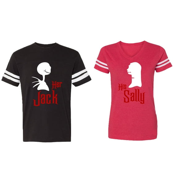 Her Jack His Sally Matching Couple Cotton Jerseys (Men Black / Women Red) (Men XL / Women XXL)