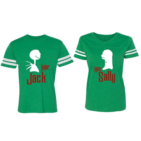 Her Jack His Sally Matching Couple Cotton Jerseys (Men Green / Women Green) (Men L / Women L)
