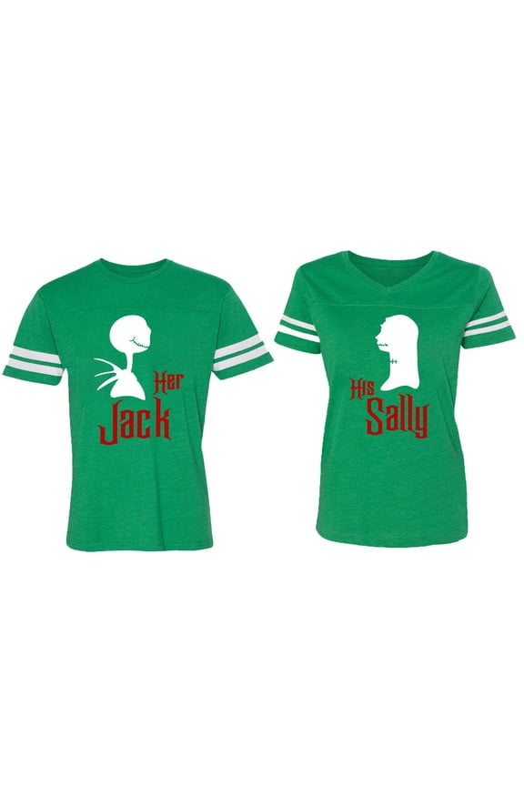 Her Jack His Sally Matching Couple Cotton Jerseys (Men Green / Women Green) (Men M / Women M)