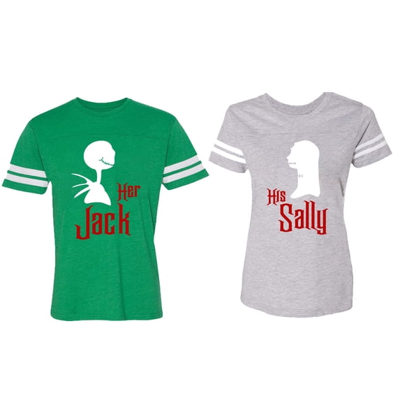Her Jack His Sally Matching Couple Cotton Jerseys (Men Green / Women Heather) (Men XL / Women L)