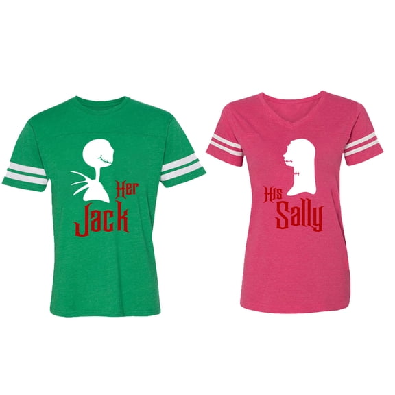 Her Jack His Sally Matching Couple Cotton Jerseys (Men Green / Women Pink) (Men L / Women M)