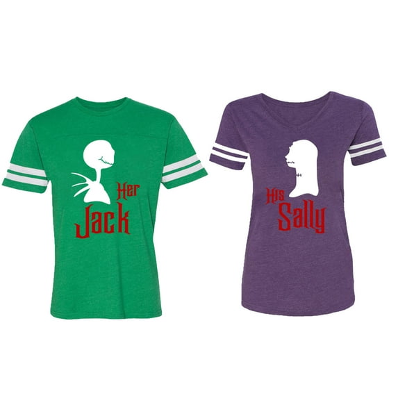 Her Jack His Sally Matching Couple Cotton Jerseys (Men Green / Women Purple) (Men XL / Women S)