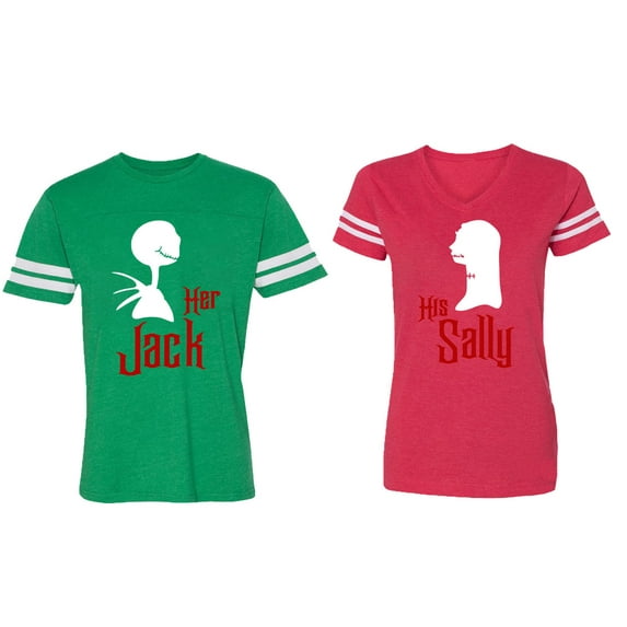 Her Jack His Sally Matching Couple Cotton Jerseys (Men Green / Women Red) (Men XL / Women L)