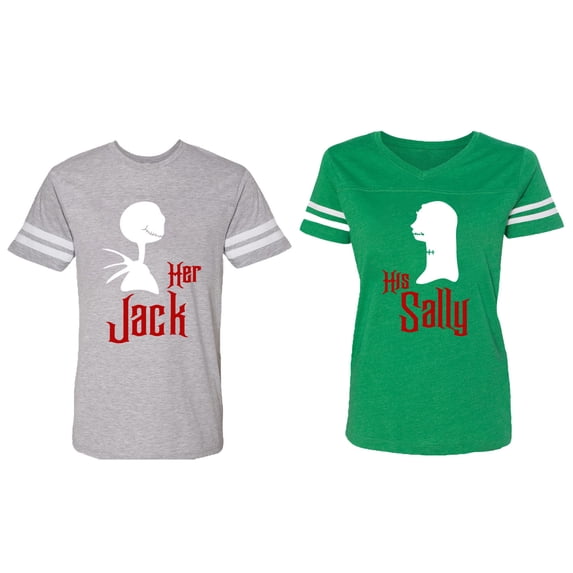 Her Jack His Sally Matching Couple Cotton Jerseys (Men Heather / Women Green) (Men M / Women XL)