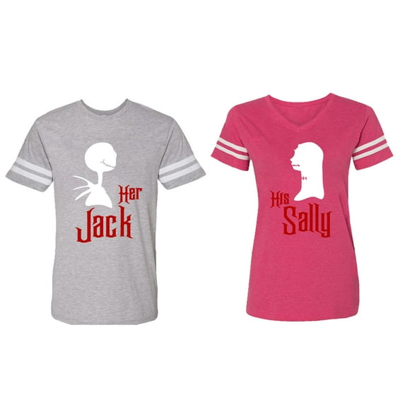 Her Jack His Sally Matching Couple Cotton Jerseys (Men Heather / Women Pink) (Men XXL / Women XL)